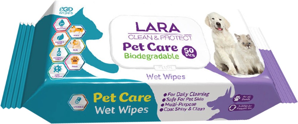 Мокри кърпички за домашни любимци Lara Pet Care Мокри кърпички за домашни любимци Lara Pet Care - 50 и 100 броя - мокри кърпички