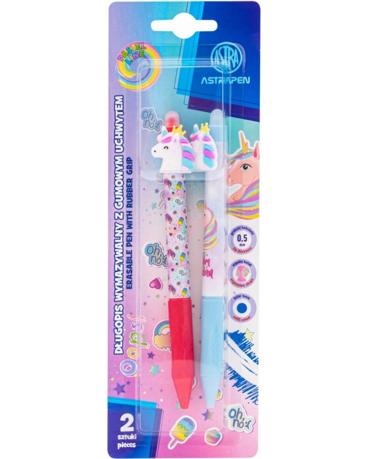 Сини изтриваеми гел химикалки Astra S.A. Pastel Line - Еднорог Сини изтриваеми гел химикалки Astra S.A. Pastel Line - Еднорог - 2 броя с гумичка -