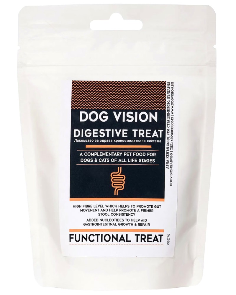 Лакомства за кучета за здрава храносмилателна система DOG VISION Digestive Лакомства за кучета за здрава храносмилателна система DOG VISION Digestive - 70 g, с патешко и пилешко, от серията Functional treat - храна