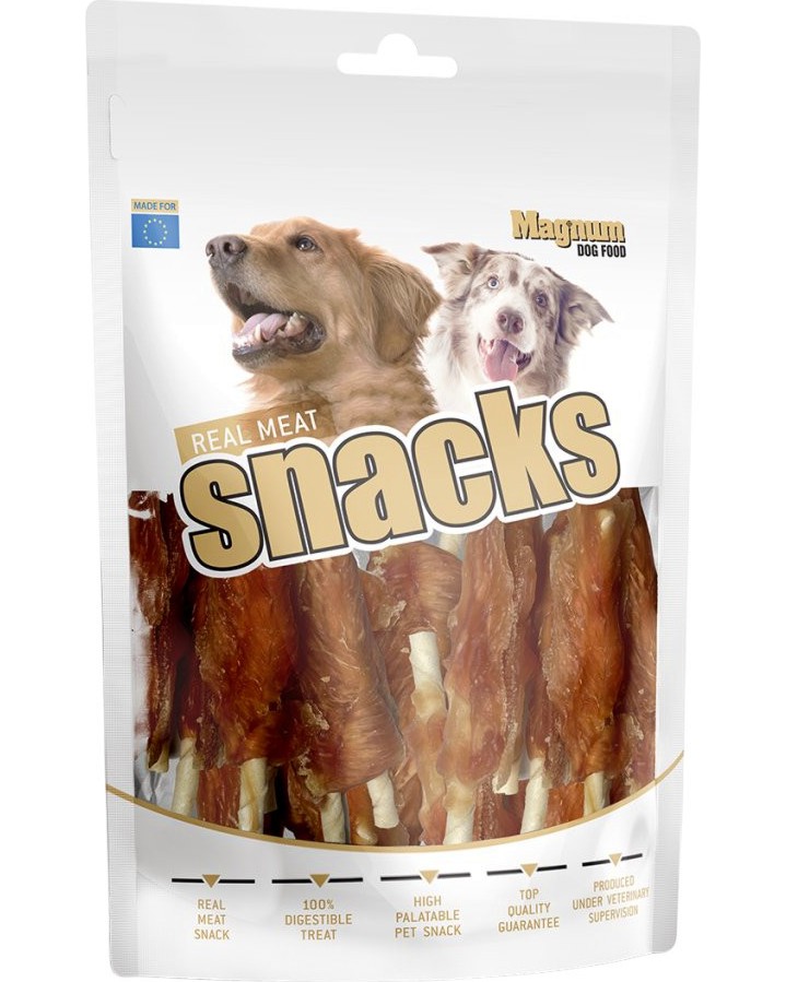 Лакомства за кучета Magnum Real Meat Snacks Лакомства за кучета Magnum Real Meat Snacks - 250 g, с пилешко - храна