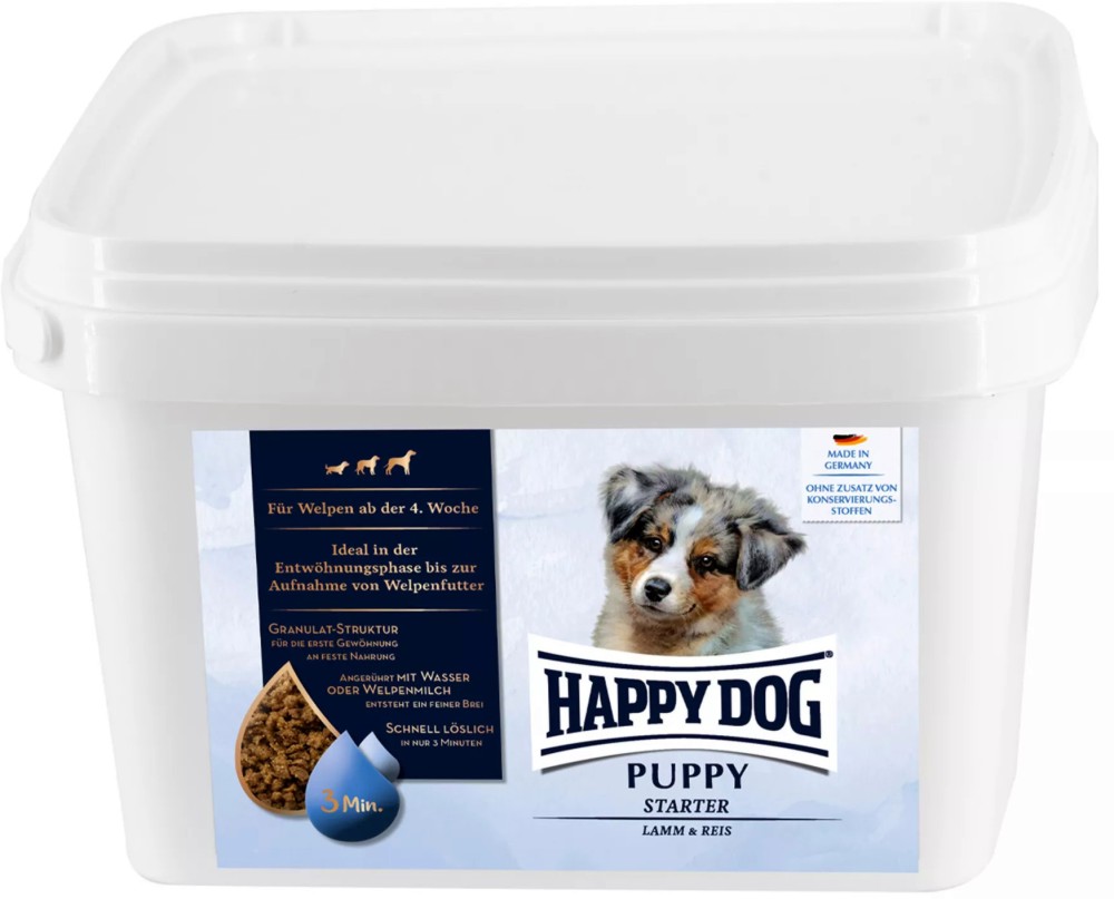 Суха храна за отбиване на кучета Happy Dog Puppy Starter Суха храна за отбиване на кучета Happy Dog Puppy Starter - 1.5 и 4 kg, с агнешко и ориз, от серията Young, от 4 до 6 седмици - храна
