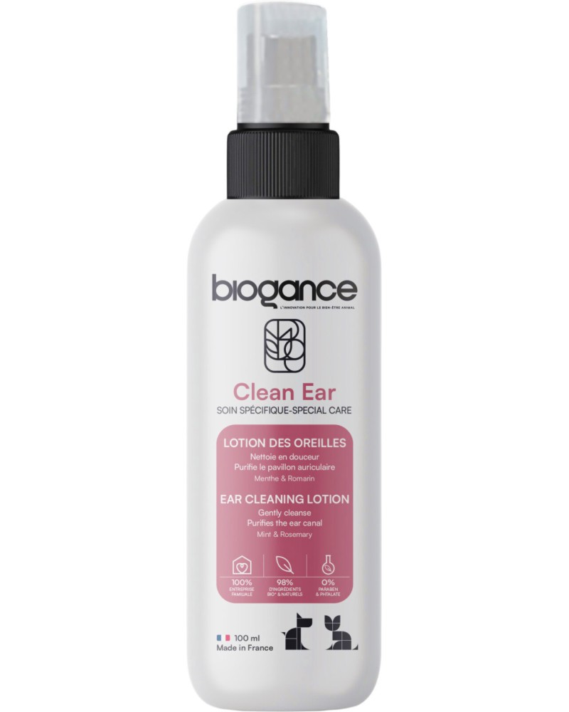 Лосион за почистване на уши за кучета и котки BIOGANCE Clean Ear Лосион за почистване на уши за кучета и котки BIOGANCE Clean Ear - 100 ml, с мента и розмарин - лосион