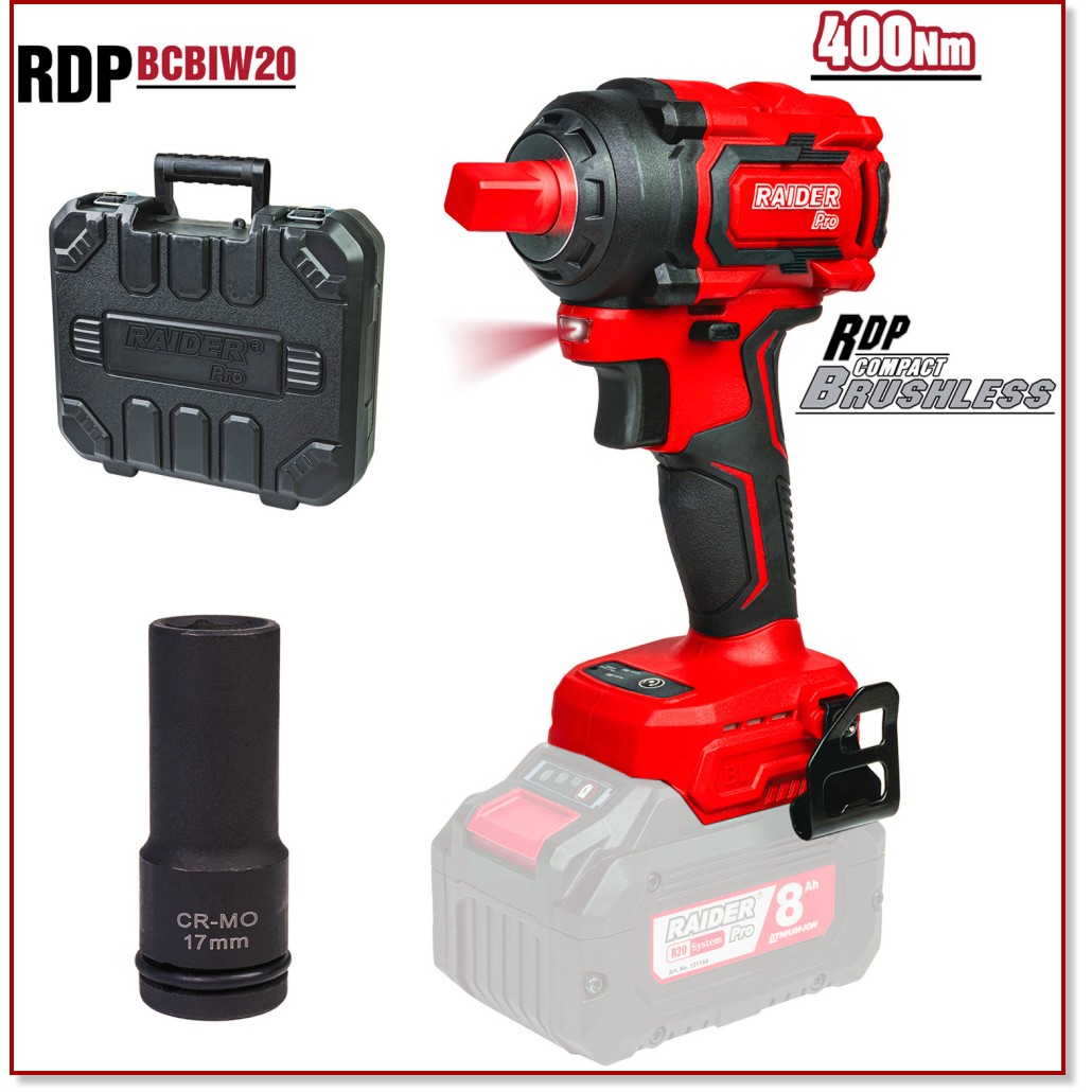 Акумулаторен ударен гайковерт 20V Raider Solo RDP-BCBIW20 Акумулаторен ударен гайковерт 20V Raider Solo RDP-BCBIW20 - С куфар и вложка, без батерия и зарядно от серията Pro -