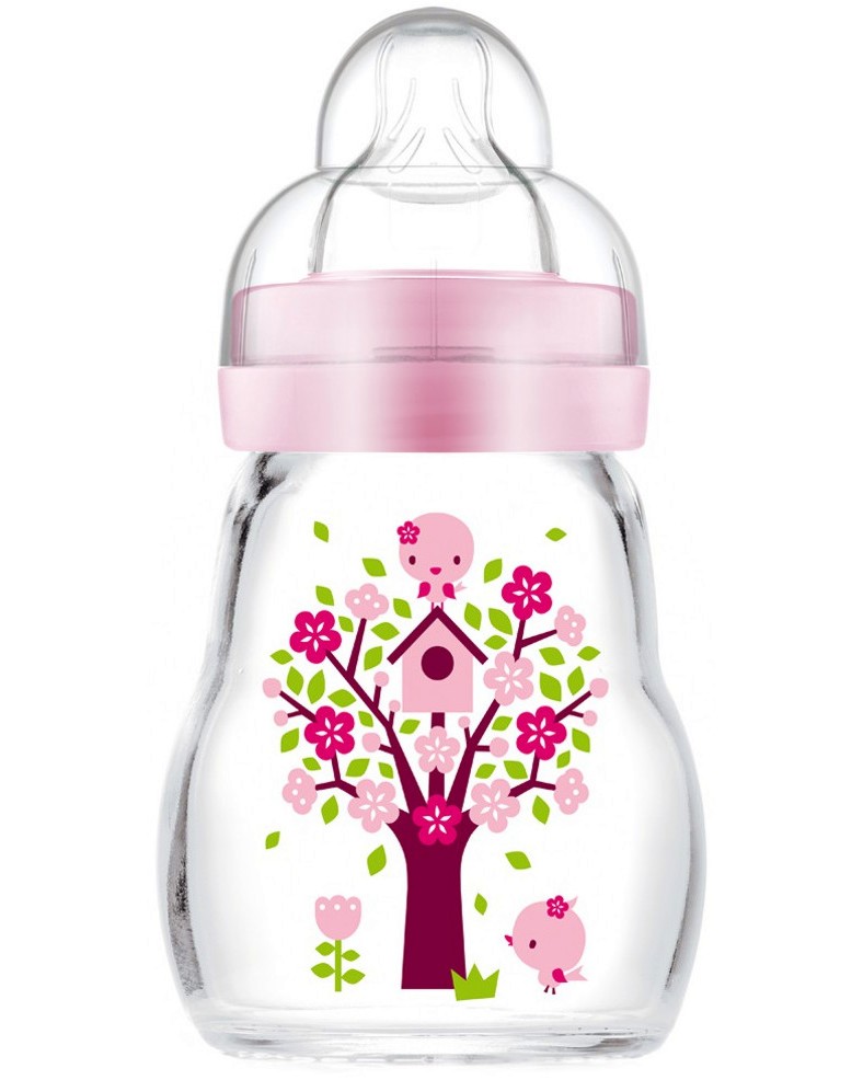 Розово стъклено шише за хранене - Feel Good 170 ml Розово стъклено шише за хранене - Feel Good 170 ml - Комплект със силиконов биберон размер 1 - шише