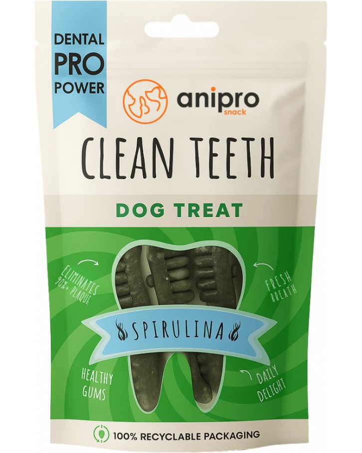 Дентални лакомства за кучета anipro Dental Pro Power Дентални лакомства за кучета anipro Dental Pro Power - 84 g, със спирулина, от серията Clean Teeth, за всички породи, над 6 месеца - храна