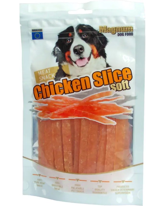Лакомства за кучета Magnum Meat Snack Slice Soft Лакомства за кучета Magnum Meat Snack Slice Soft - 80 g, с пилешко - храна