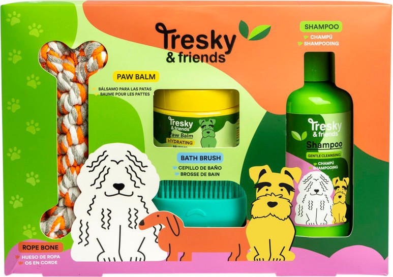 Подаръчен комплект за кучета Tresky & Friends Подаръчен комплект за кучета Tresky & Friends - С шампоан, балсам за лапи, четка за баня и въжена играчка - продукт