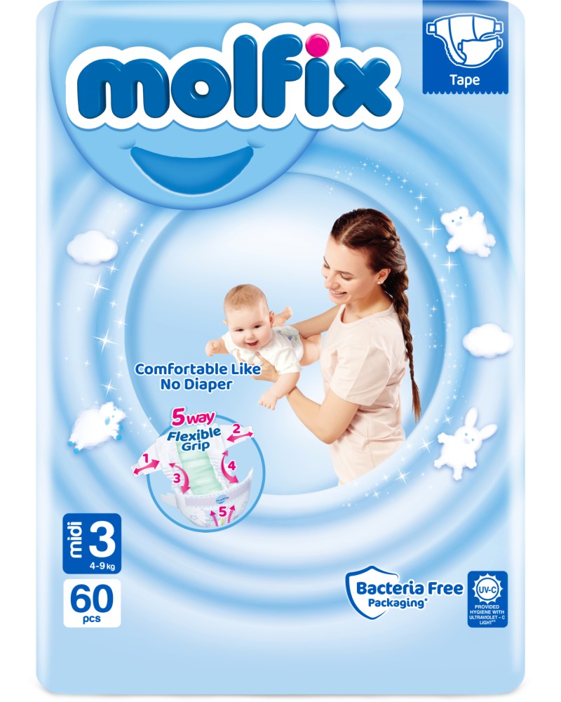 Пелени Molfix 3 Midi Пелени Molfix 3 Midi - 60 и 68 броя, за бебета 4-9 kg - продукт