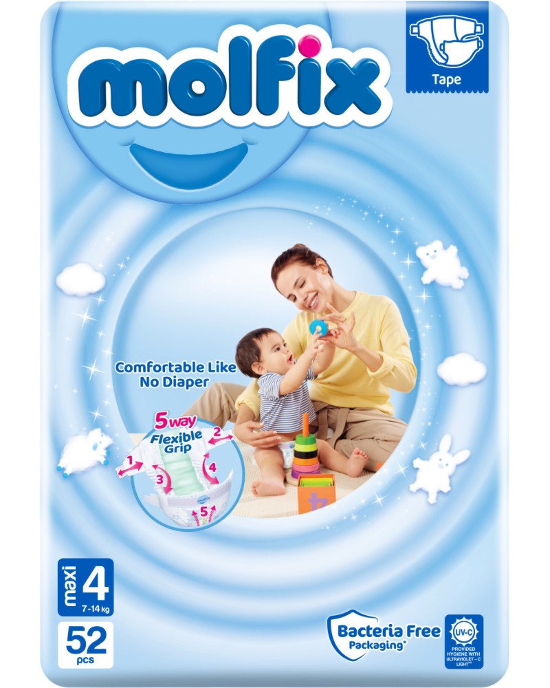 Пелени Molfix 4 Maxi Пелени Molfix 4 Maxi - 52 ÷ 100 броя, за бебета 7-14 kg - продукт