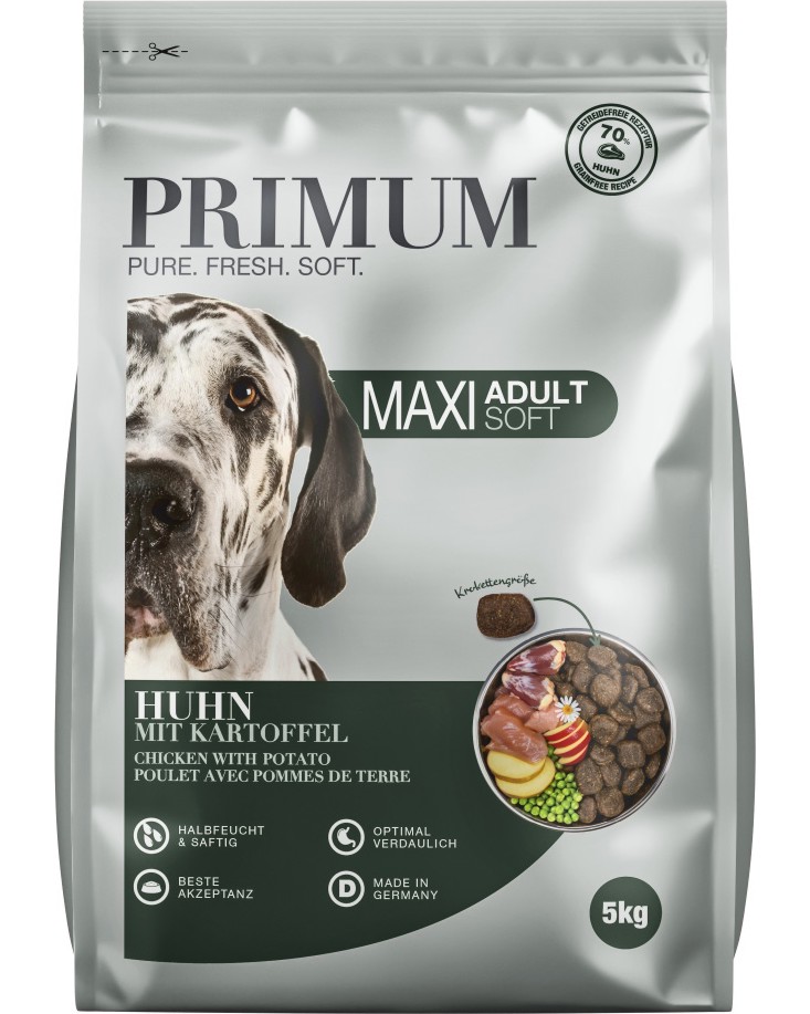 Полувлажна храна за кучета PRIMUM Maxi Soft Adult Полувлажна храна за кучета PRIMUM Maxi Soft Adult - 5 kg, с пилешко и картофи, за големи породи, в зряла възраст - храна