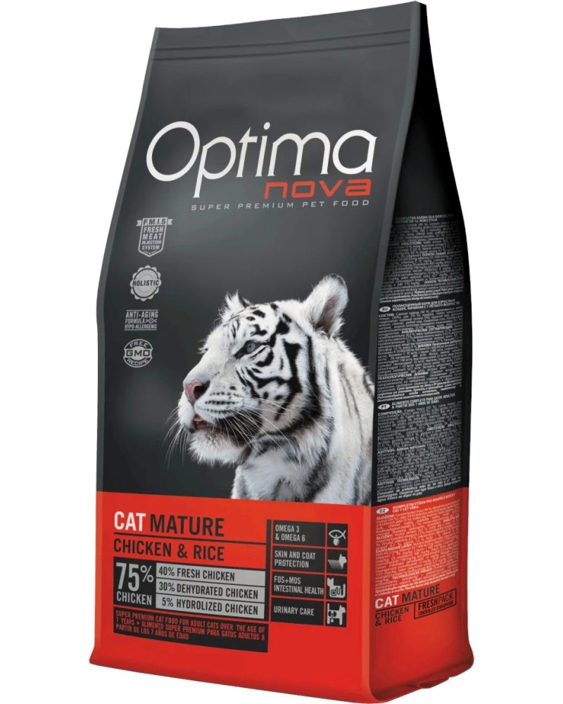 Суха храна за котки Optima Nova Mature Суха храна за котки Optima Nova Mature - 2 и 8 kg, с пилешко и ориз, над 7 години - храна