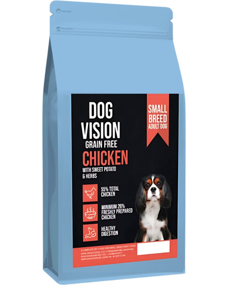Суха храна за кучета с чувствително храносмилане DOG VISION Grain Free Adult Small Суха храна за кучета с чувствително храносмилане DOG VISION Grain Free Adult Small - 2 и 6 kg, с пилешко, сладък картоф и билки, над 1 година, за дребни породи - храна