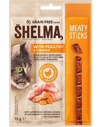 Лакомства за котки SHELMA Meaty Sticks Лакомства за котки SHELMA Meaty Sticks - 15 g, с пилешко и куркума - храна