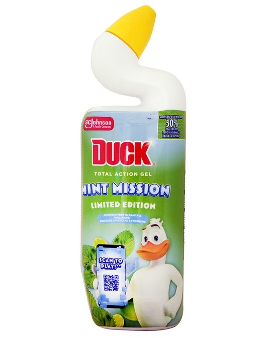 Гел за почистване на тоалетна Duck Total Action Gel Гел за почистване на тоалетна Duck Total Action Gel - 750 ml, с аромат на мента - почистващ препарат