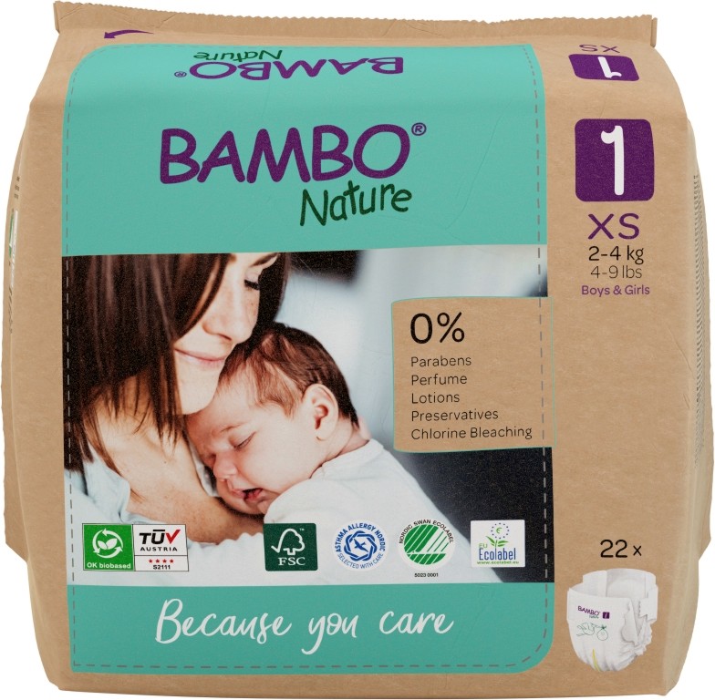 Еко пелени Bambo Nature 1 XS - 22 броя, за бебета 2-4 kg - продукт