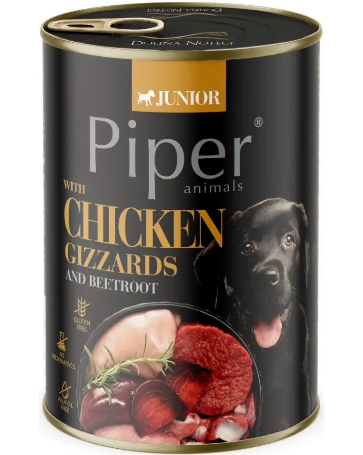 Консерва за кучета Piper Junior Консерва за кучета Piper Junior - 400 g, с пилешки воденички и цвекло, за подрастващи кучета - храна