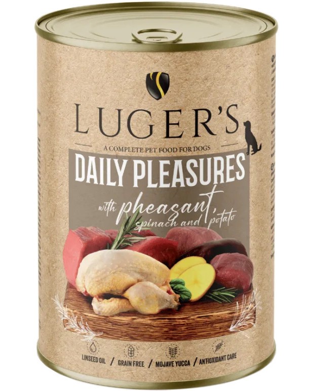 Консерви за кучета Luger's Консерви за кучета Luger's - 6 x 400 и 6 x 800 g, с фазан, спанак и картофи, от серията Daily Pleasures, в зряла възраст - храна