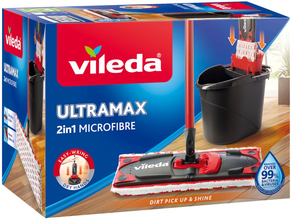 Комплект за почистване Vileda UltraMax 2 in 1 Box Комплект за почистване Vileda UltraMax 2 in 1 Box - Микрофибърен плосък моп за под и кофа с изстисквачка - продукт