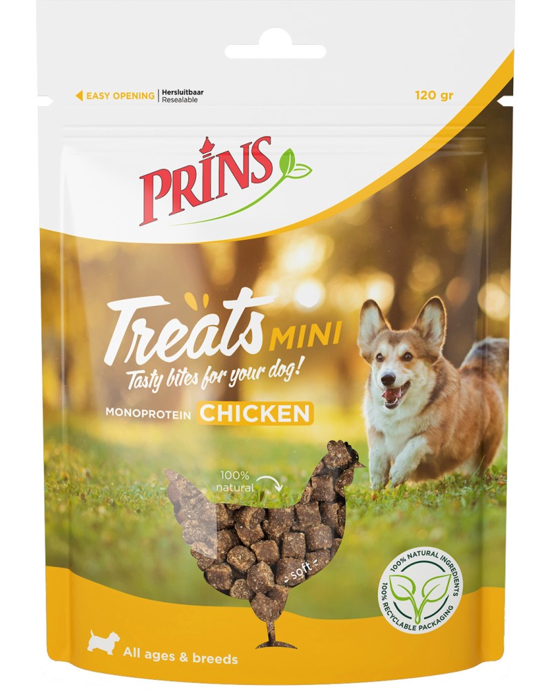 Натурални лакомства за кучета Prins Mini Натурални лакомства за кучета Prins Mini - 120 g, с пилешко, от серията Treats - храна