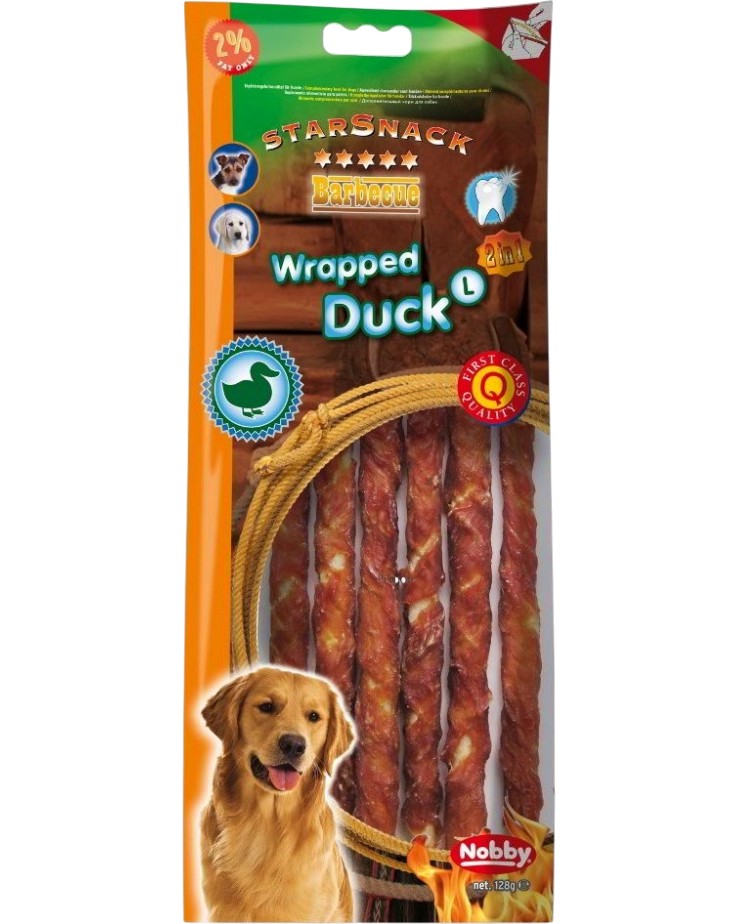 Лакомства за кучета Nobby StarSnack Wrapped Лакомства за кучета Nobby StarSnack Wrapped - 128 и 140 g, с патешко, от серията Barbecue - храна