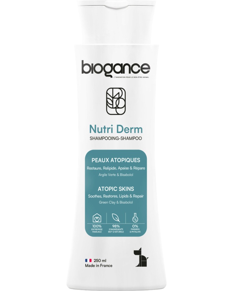 Подхранващ шампоан за кучета и котки с чувствителна и атопична кожа BIOGANCE Nutri Derm Подхранващ шампоан за кучета и котки с чувствителна и атопична кожа BIOGANCE Nutri Derm - 250 ml, със зелена глина и липо бизаболол, за над 3 месеца - шампоан