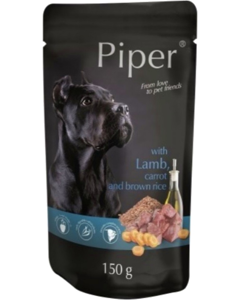 Пауч за кучета Piper Пауч за кучета Piper - 150 ÷ 10 x 150 g, с агнешко, моркови и кафяв ориз, в зряла възраст - храна