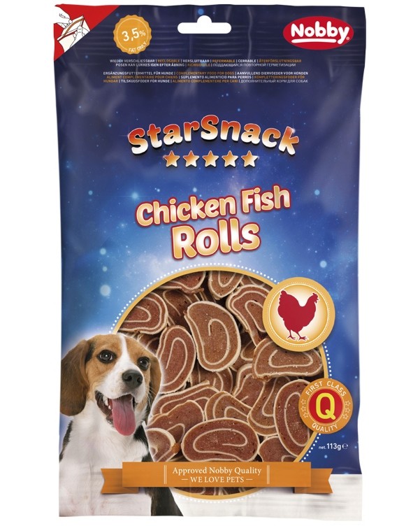 Лакомства за кучета Nobby Chicken Fish Rolls Лакомства за кучета Nobby Chicken Fish Rolls - 113 g, с пилешко и риба, от серията StarSnack - храна