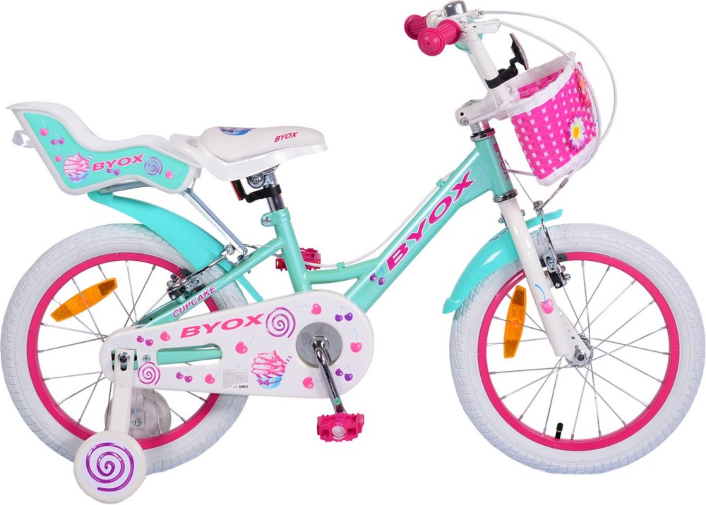 Детски велосипед BYOX Cupcake 16" - С помощни колела,  кошница и столче за кукла - велосипед