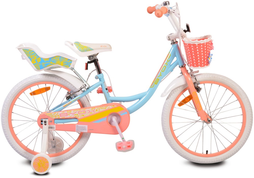 Детски велосипед BYOX Fashion Girl 20" - С помощни колела,  кошница и столче за кукла - велосипед