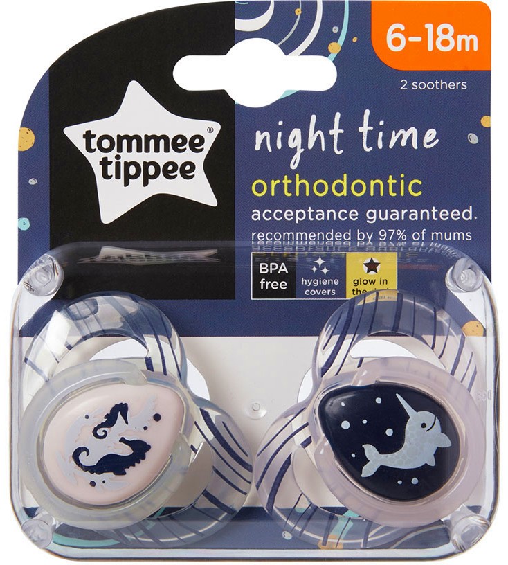 Флуоресцентни ортодонтични залъгалки Tommee Tippee Night Time - 2 броя, от серията Closer to Nature, 6-18 м - залъгалка
