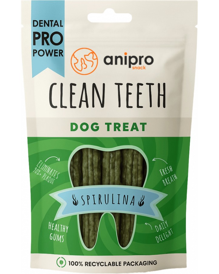 Дентални пръчици за кучета anipro Dental Pro Power Дентални пръчици за кучета anipro Dental Pro Power - 84 g, със спирулина, от серията Clean Teeth, за всички породи, над 6 месеца - храна