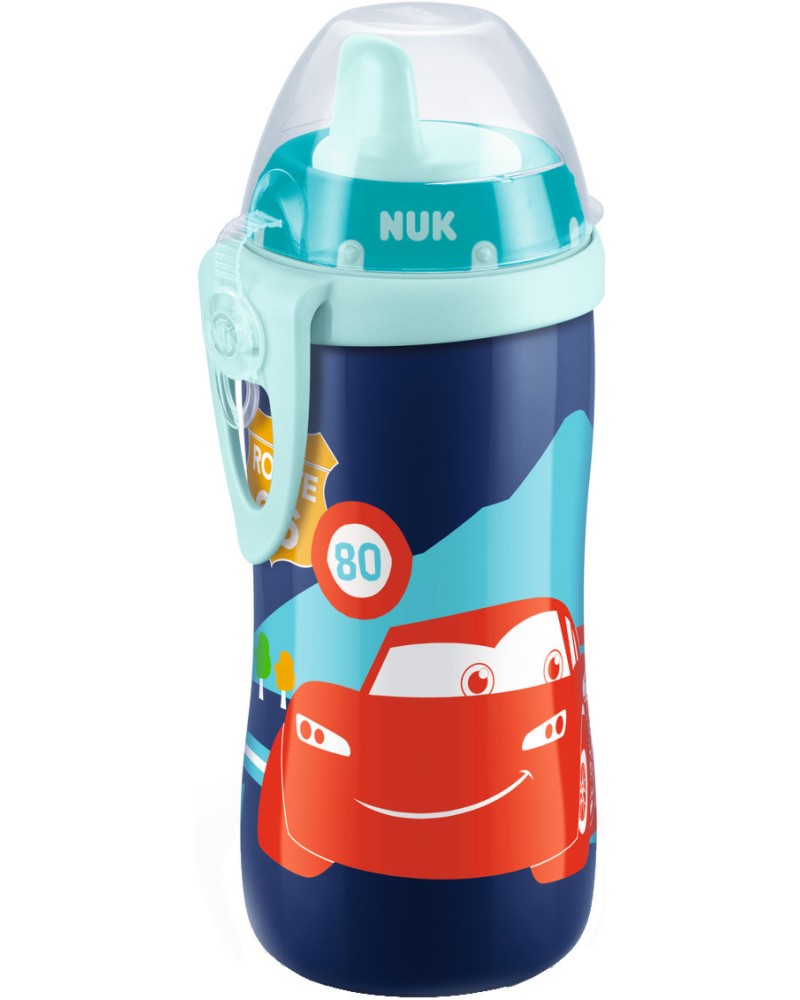 Неразливащо се преходно шише NUK First Choice - 300 ml, с твърд накрайник, на тема Колите, 12+ м - чаша
