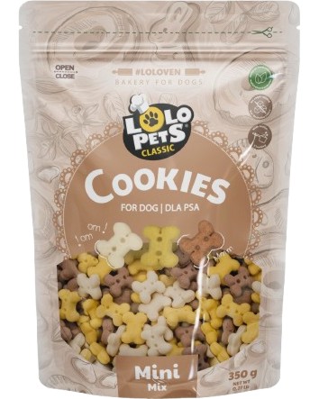 Лакомства за кучета Lolo Pets Cookies Mini Mix Лакомства за кучета Lolo Pets Cookies Mini Mix - 350 g, с шоколад, банан и ванилия - храна