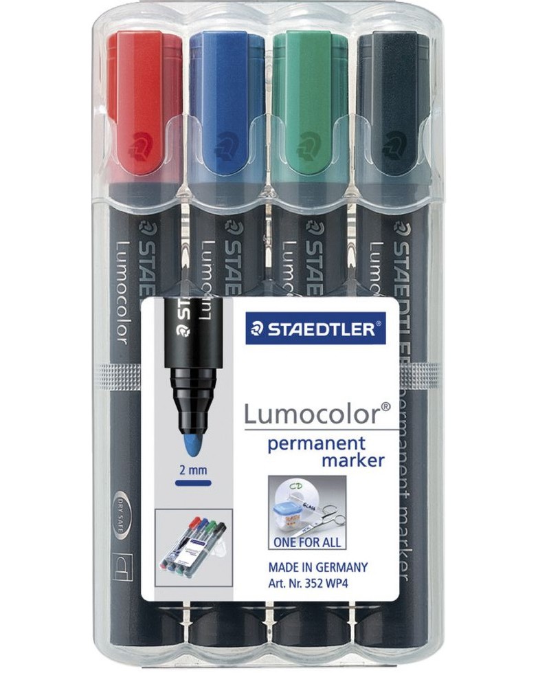 Перманентни маркер с объл връх Staedtler Lumocolor 352 - 4 цвята - 