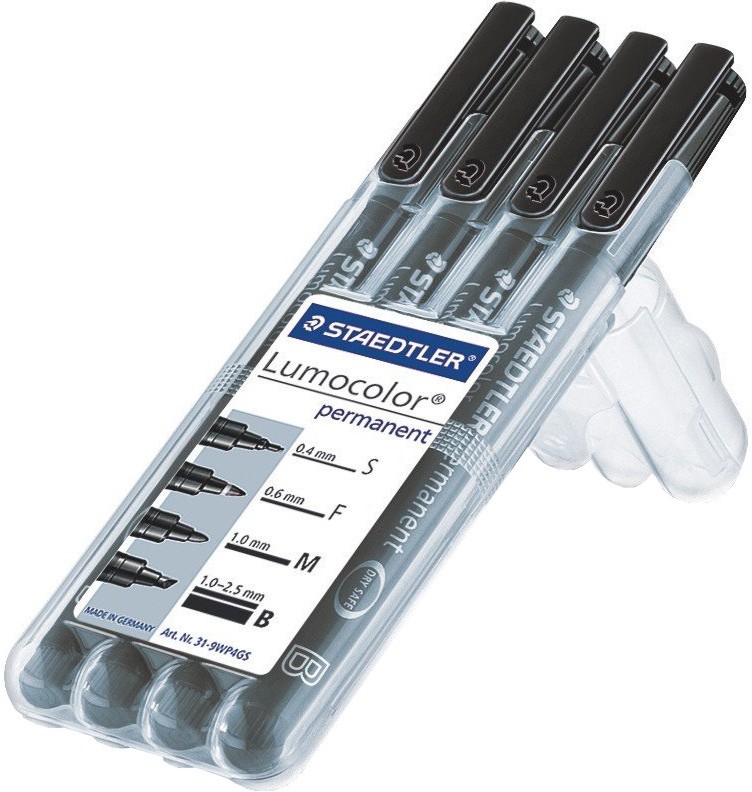 Перманентни маркери Staedtler Lumocolor OHP Перманентни маркери Staedtler Lumocolor OHP - 4 броя с размер S, F, M, B -