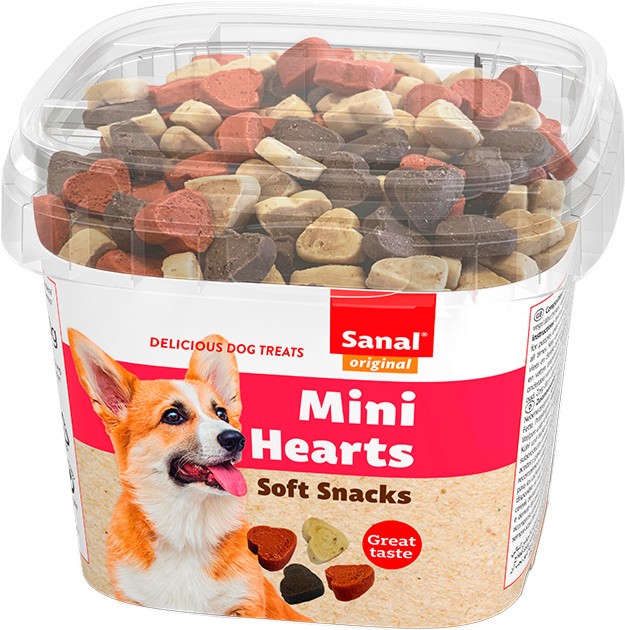 Лакомства за кучета Sanal Mini Hearts Лакомства за кучета Sanal Mini Hearts - 100 g, с телешко, пилешко, агнешко и сьомга - храна