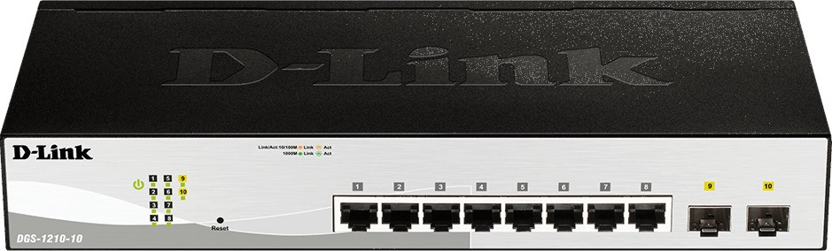 Суич D-Link DGS-1210-10 Суич D-Link DGS-1210-10 - 8 x 10/100/1000Base-T, 2 x SFP, 20 Gbps -