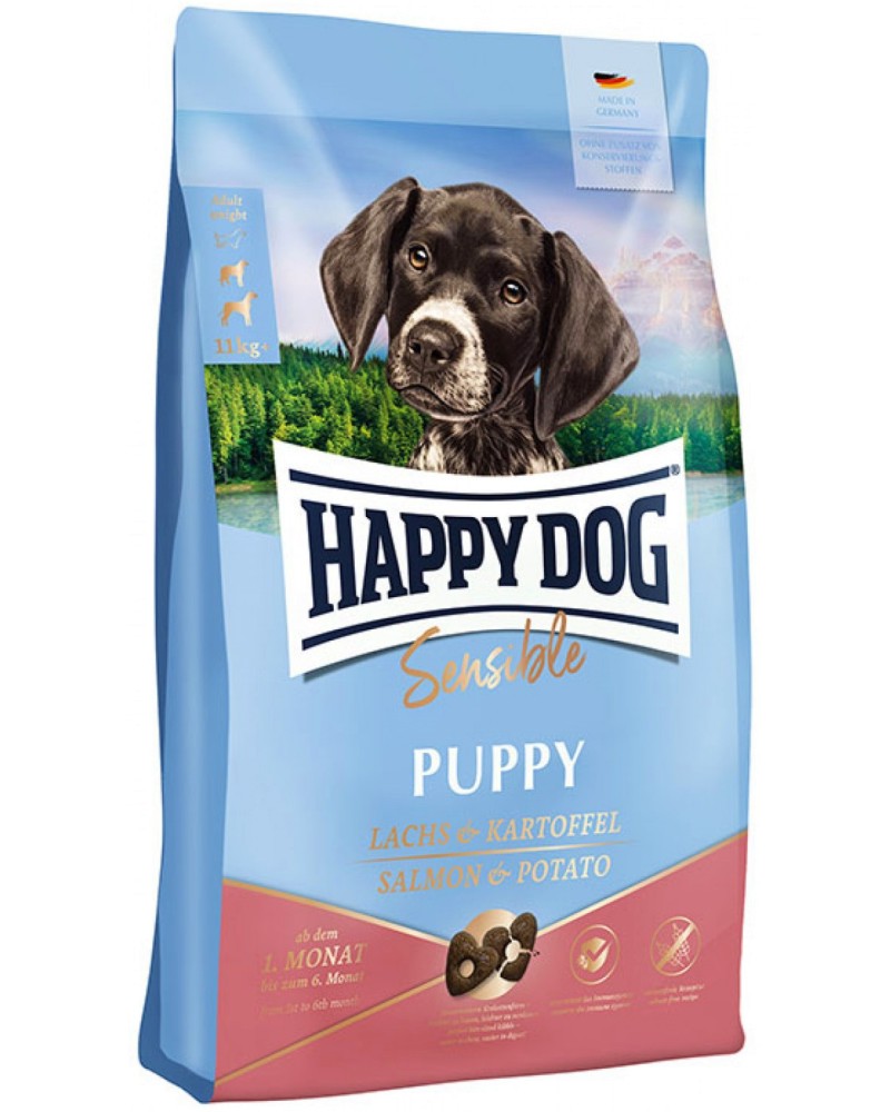 Суха храна за кучета с чувствително храносмилане Happy Dog Sensible Puppy Суха храна за кучета с чувствително храносмилане Happy Dog Sensible Puppy - 1 ÷ 10 kg, с пилешко, сьомга и картофи, от серията Young, от 4 седмици до 6 месеца, 11+ kg - храна