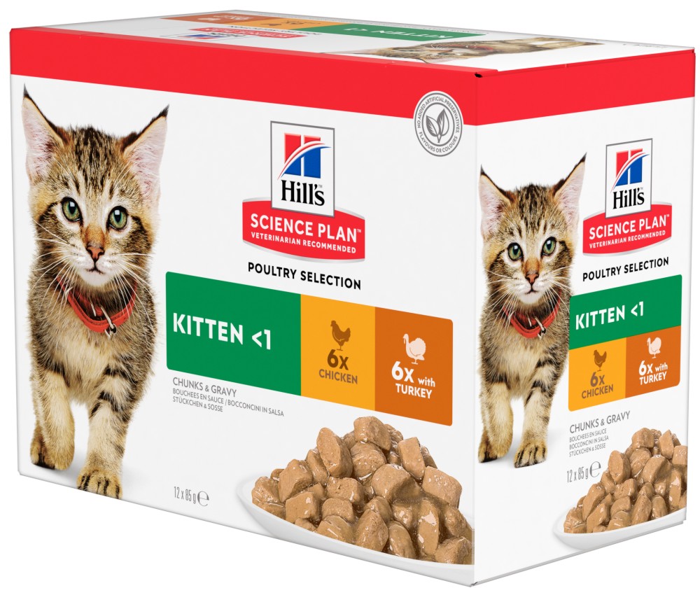 Паучове за котки Hill's Kitten Паучове за котки Hill's Kitten - 12 x 85 g, с пилешко и пуешко в сос, от серията Science Plan, до 1 година - храна