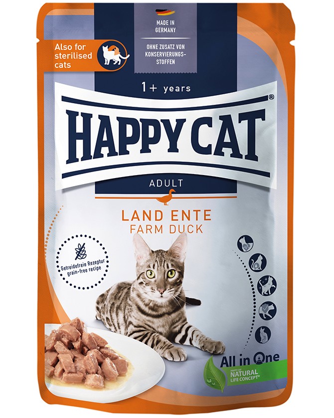Пауч за кастрирани котки Happy Cat Пауч за кастрирани котки Happy Cat - 85 g, с патешко в сос, от серията Culinary, в зряла възраст - храна