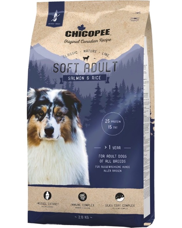 Полувлажна храна за кучета CHICOPEE Soft Adult Полувлажна храна за кучета CHICOPEE Soft Adult - 2 и 15 kg, със сьомга и ориз, от серията Classic Nature Line, в зряла възраст - храна