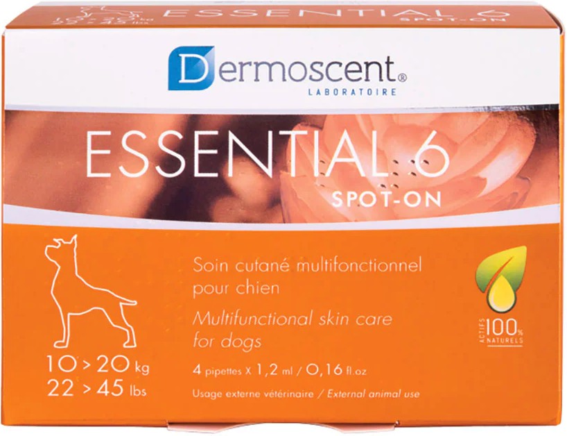 Дерматологична грижа за кучета Dermoscent Essential 6 Spot-on Дерматологична грижа за кучета Dermoscent Essential 6 Spot-on - 4 пипети x 1.2 ml, за тегло от 10 до 20 kg - продукт