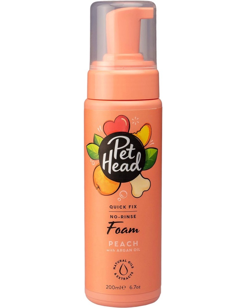 Шампоан-пяна без отмиване за кучета Pet Head Quick Fix Шампоан-пяна без отмиване за кучета Pet Head Quick Fix - 200 ml, с аромат на праскова и арганово масло - шампоан