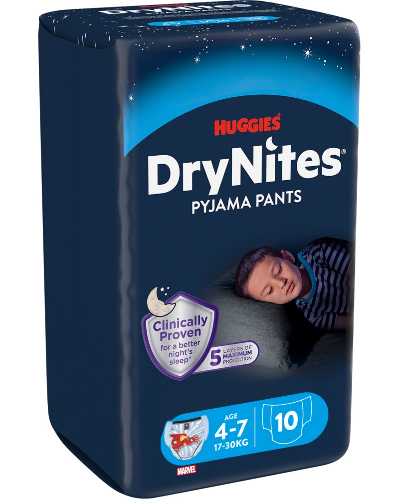 Гащи Huggies DryNites Pyjama Pants Boy 4-7 Гащи Huggies DryNites Pyjama Pants Boy 4-7 - 10 броя, за деца 17-30 kg, на тема Marvel - продукт