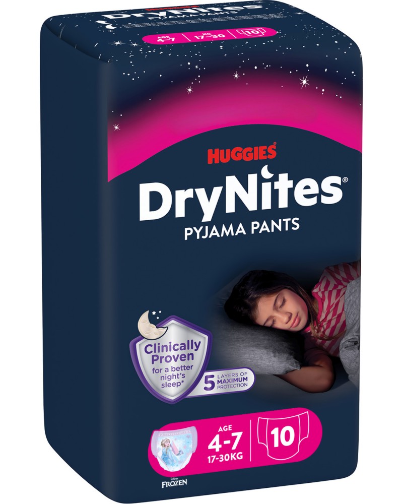 Гащи Huggies DryNites Pyjama Pants Girl 4-7 Гащи Huggies DryNites Pyjama Pants Girl 4-7 - 10 броя, за деца 17-30 kg - продукт