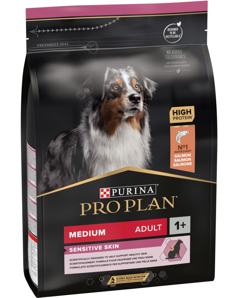 Суха храна за кучета с чувствителна кожа Purina Pro Plan Sensitive Skin Adult Medium Суха храна за кучета с чувствителна кожа Purina Pro Plan Sensitive Skin Adult Medium - 3 ÷ 14 kg, със сьомга, за средни породи, над 1 година - храна