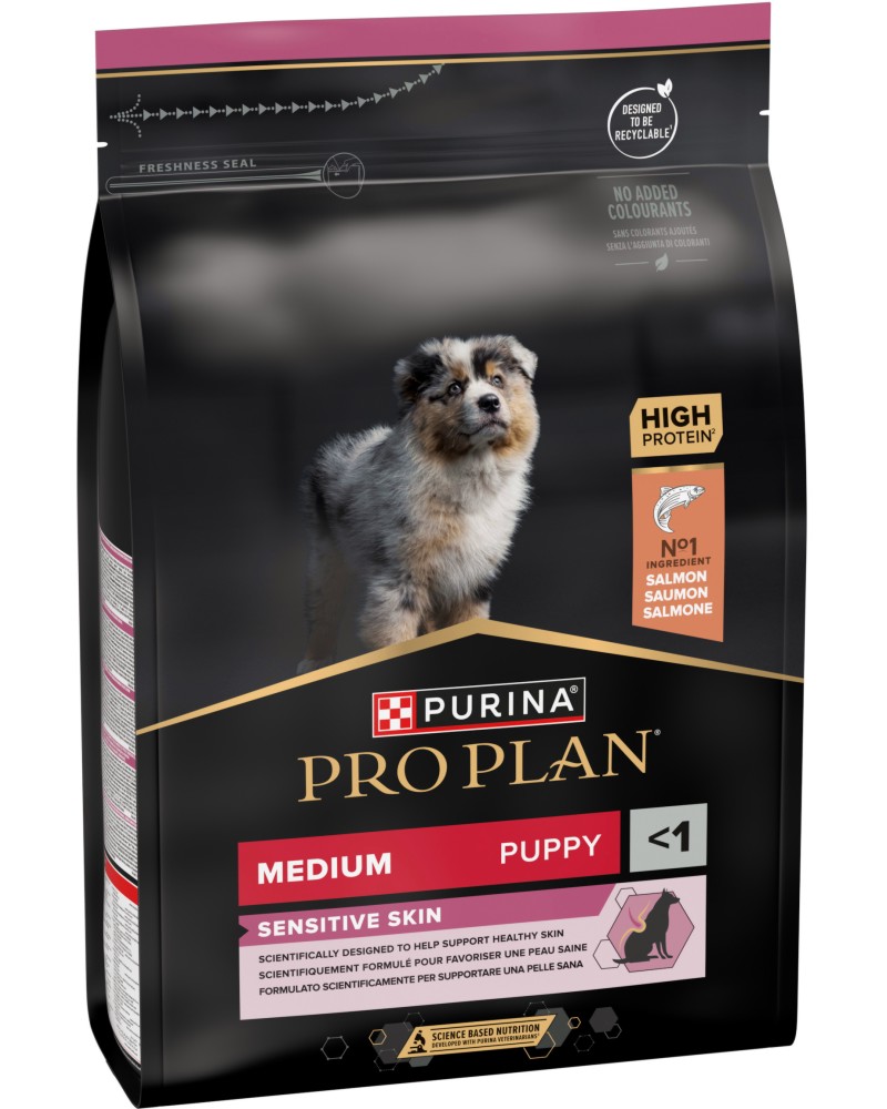 Суха храна за кучета с чувствителна кожа Purina Pro Plan Sensitive Skin Puppy Medium Суха храна за кучета с чувствителна кожа Purina Pro Plan Sensitive Skin Puppy Medium - 3 и 12 kg, със сьомга, за средни породи, от 6 седмици до 1 година - храна