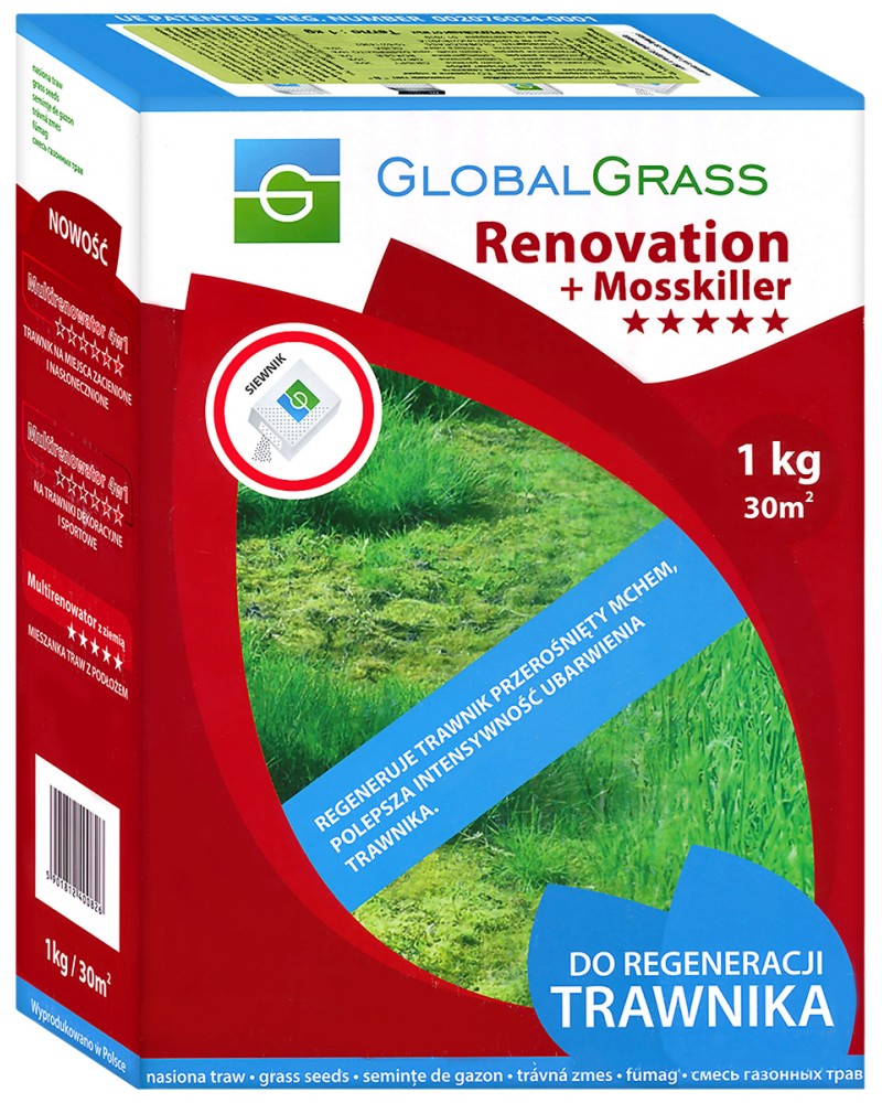 Тревна смеска Global Grass Тревна смеска Global Grass - 1 kg за възстановяване и премахване на мъх -