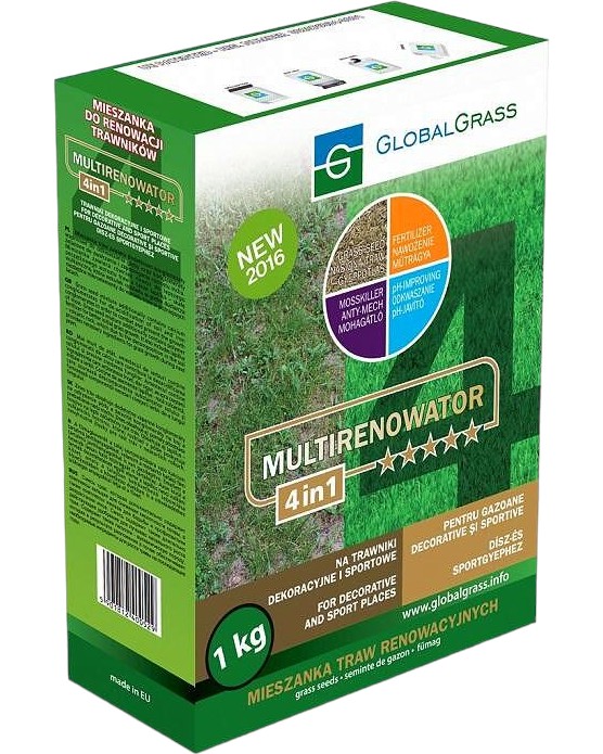 Реновираща тревна смес 4 в 1 Global Grass Реновираща тревна смес 4 в 1 Global Grass - 1 kg за декоративни и спортни площи -