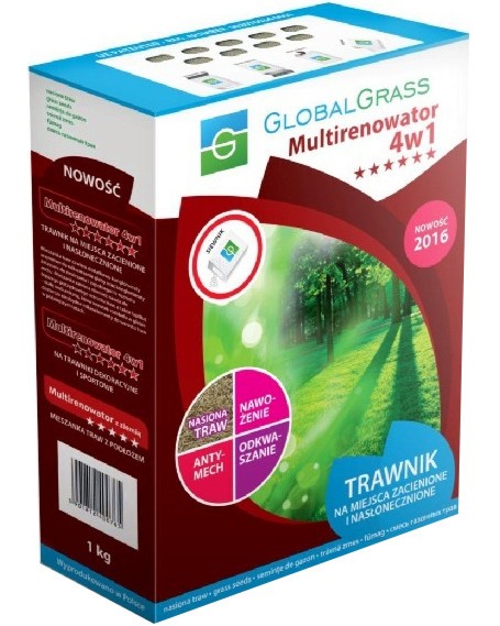 Реновираща тревна смес 4 в 1 Global Grass Реновираща тревна смес 4 в 1 Global Grass - 1 kg за слънчеви и сенчести площи -